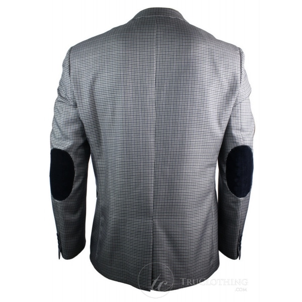 Mens Tweed Vintage Retro Grey Checked Blazer Elbow Patch Black Trim Tailored