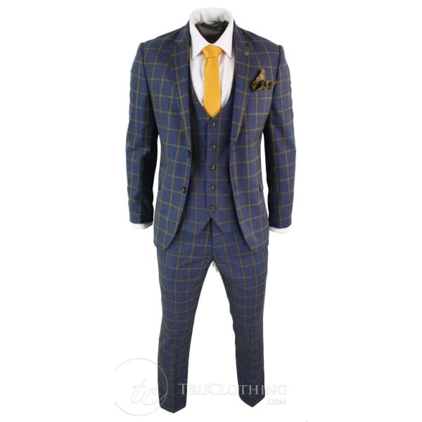 Marc Darcy SBC Roman - Mens 3 Piece Blue Gold Slim Fit Prince Of Wales Check Suit Marc Darcy Wedding Prom