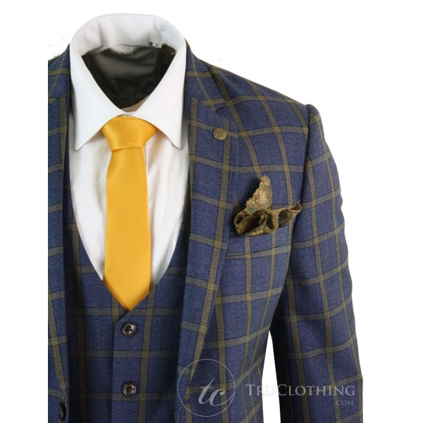 Marc Darcy SBC Roman - Mens 3 Piece Blue Gold Slim Fit Prince Of Wales Check Suit Marc Darcy Wedding Prom