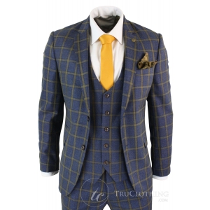 Marc Darcy SBC Roman – Mens 3 Piece Blue Gold Slim Fit Prince Of Wales Check Suit Marc Darcy Wedding Prom