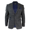 Mens Grey Check Herringbone Tweed Vintage Fit Blazer Jacket Blue Velvet Trim-Grey