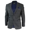 Mens Grey Check Herringbone Tweed Vintage Fit Blazer Jacket Blue Velvet Trim-Grey