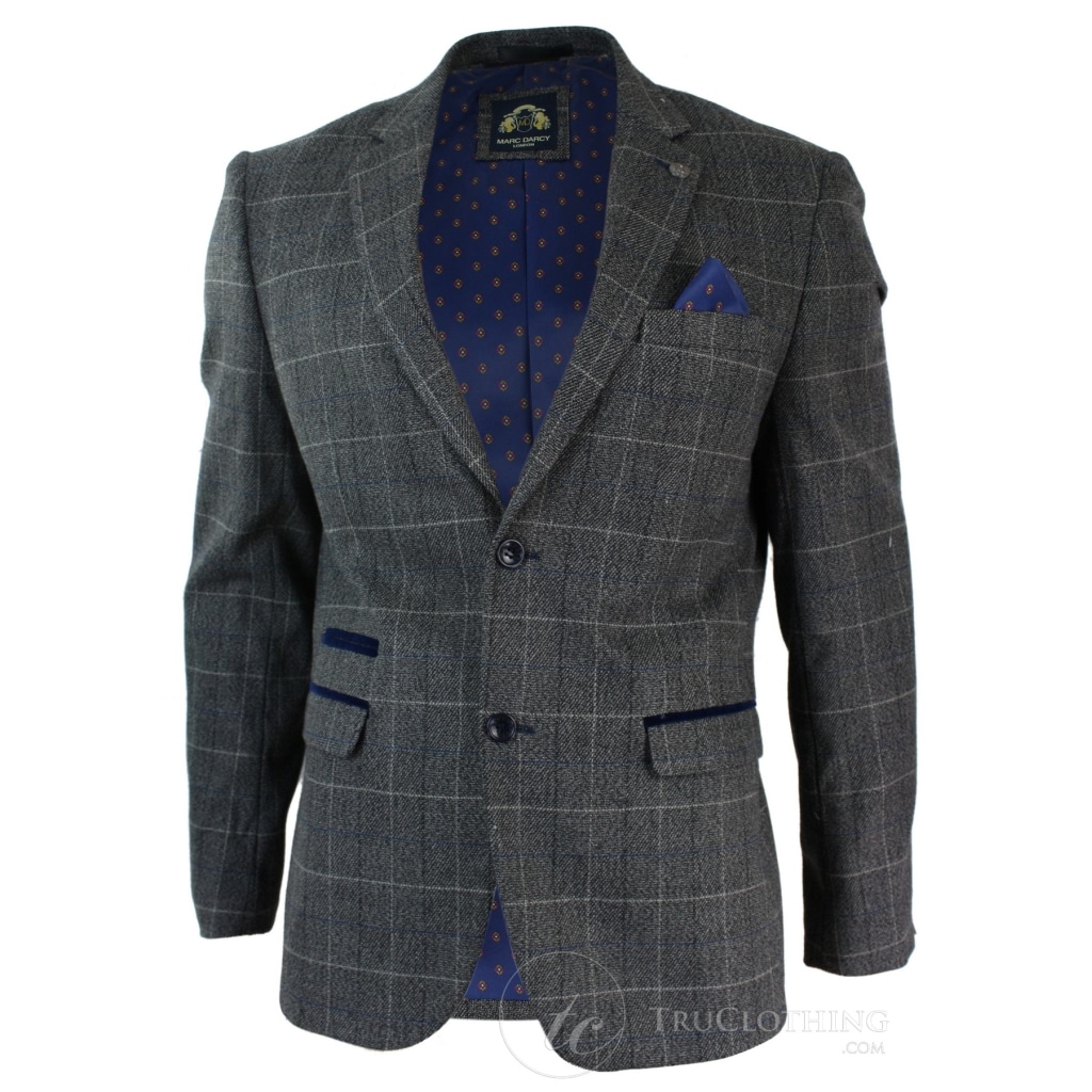 Mens Grey Check Herringbone Tweed Vintage Fit Blazer Jacket Blue Velvet Trim Grey Buy Online 7255