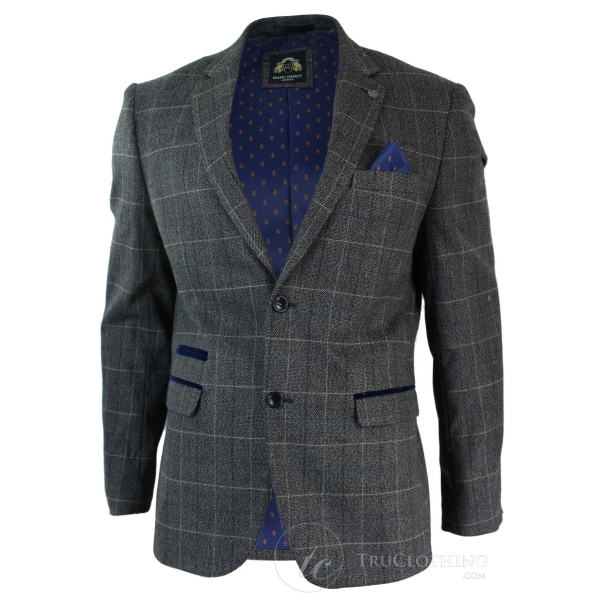 Mens Grey Check Herringbone Tweed Vintage Fit Blazer Jacket Blue Velvet Trim-Grey