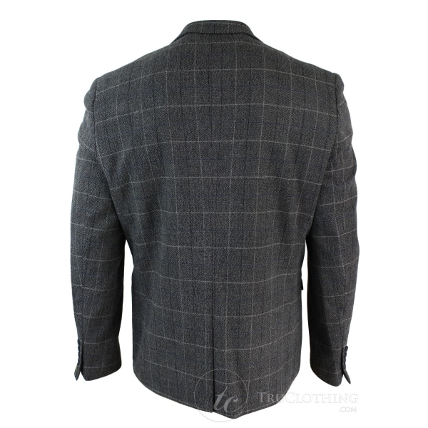 Mens Grey Check Herringbone Tweed Vintage Fit Blazer Jacket Blue Velvet Trim-Grey