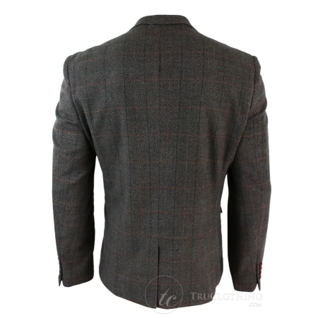 Mens Grey Check Herringbone Tweed Vintage Fit Blazer Jacket Blue Velvet ...