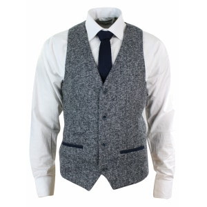 Mens Grey Blue Herringbone Tweed Slim Fit Chunky Waistcoat Blazer Smart Casual
