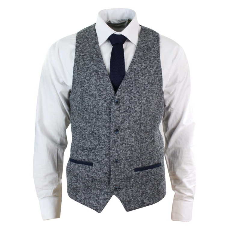 Mens Grey Blue Herringbone Tweed Slim Fit Chunky Waistcoat Blazer Smart ...