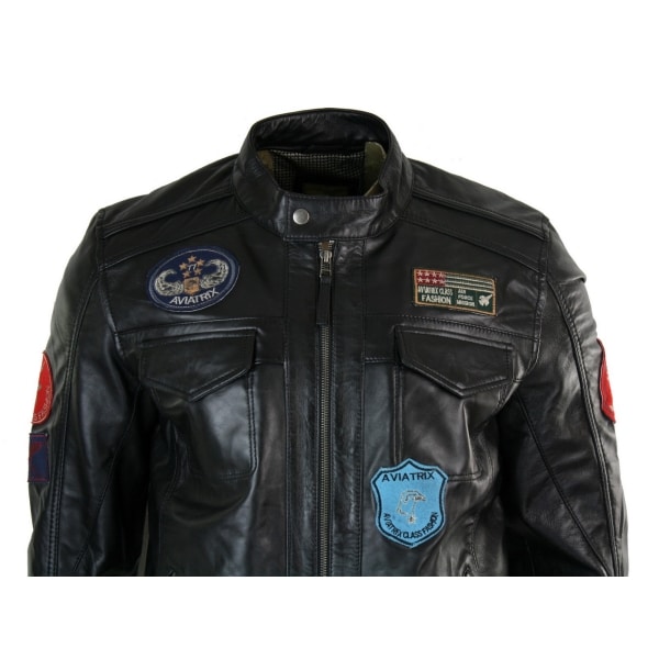 Aviatrix Real Leather Marker Mens Black Zip Jacket Badge Design Racing US Pilot Casual