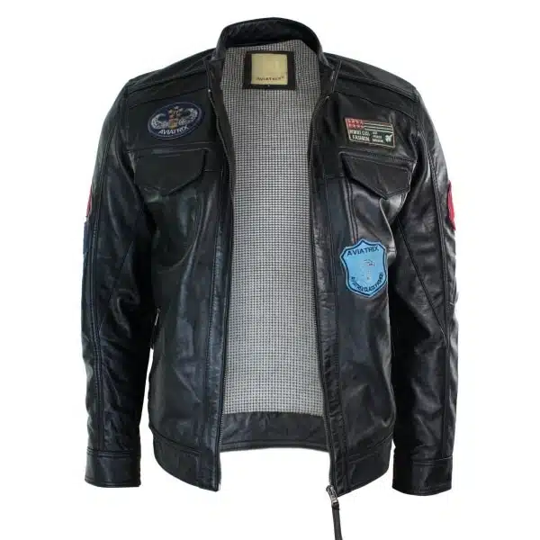 Aviatrix Real Leather Marker Mens Black Zip Jacket Badge Design Racing US Pilot Casual