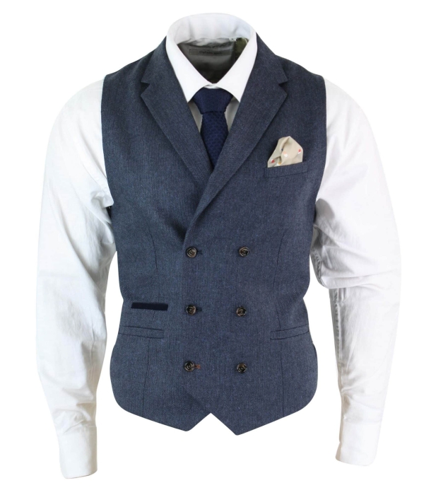 Cavani Martez - Mens Herringbone Tweed Gatsby Peaky Blinders Classic Double Breasted Waistcoat - Blue