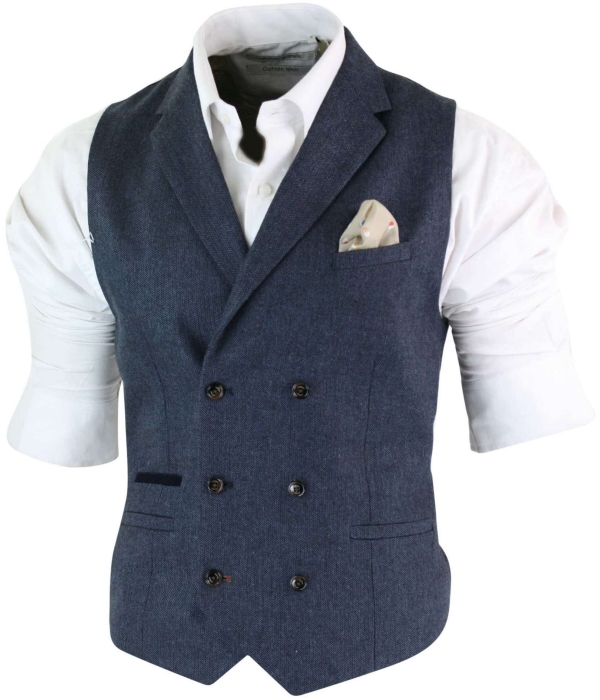 Cavani Martez - Mens Herringbone Tweed Gatsby Peaky Blinders Classic Double Breasted Waistcoat - Blue