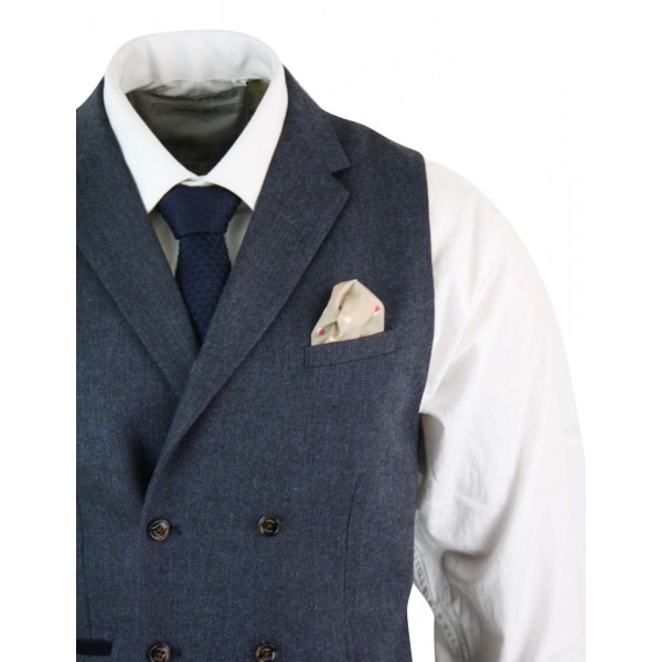 Cavani Martez - Mens Herringbone Tweed Gatsby Peaky Blinders Classic Double Breasted Waistcoat - Blue