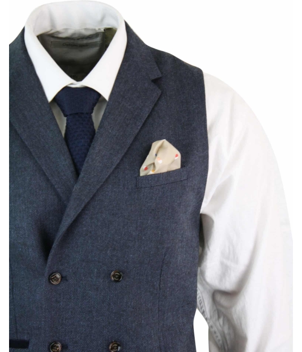 Cavani Martez - Mens Herringbone Tweed Gatsby Peaky Blinders Classic Double Breasted Waistcoat - Blue