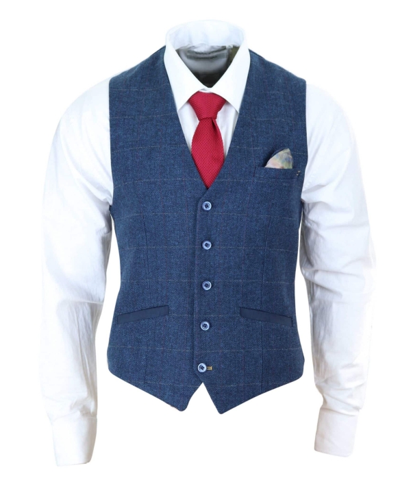 Men Blue Check Tweed Waistcoat - Cavani Carnegi