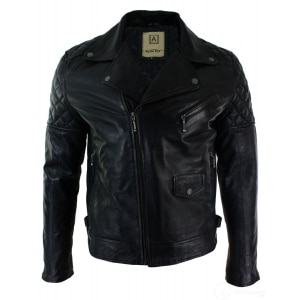 Real Leather Cross Zip Mens Biker Jacket Black Tailored Fit Retro Casual