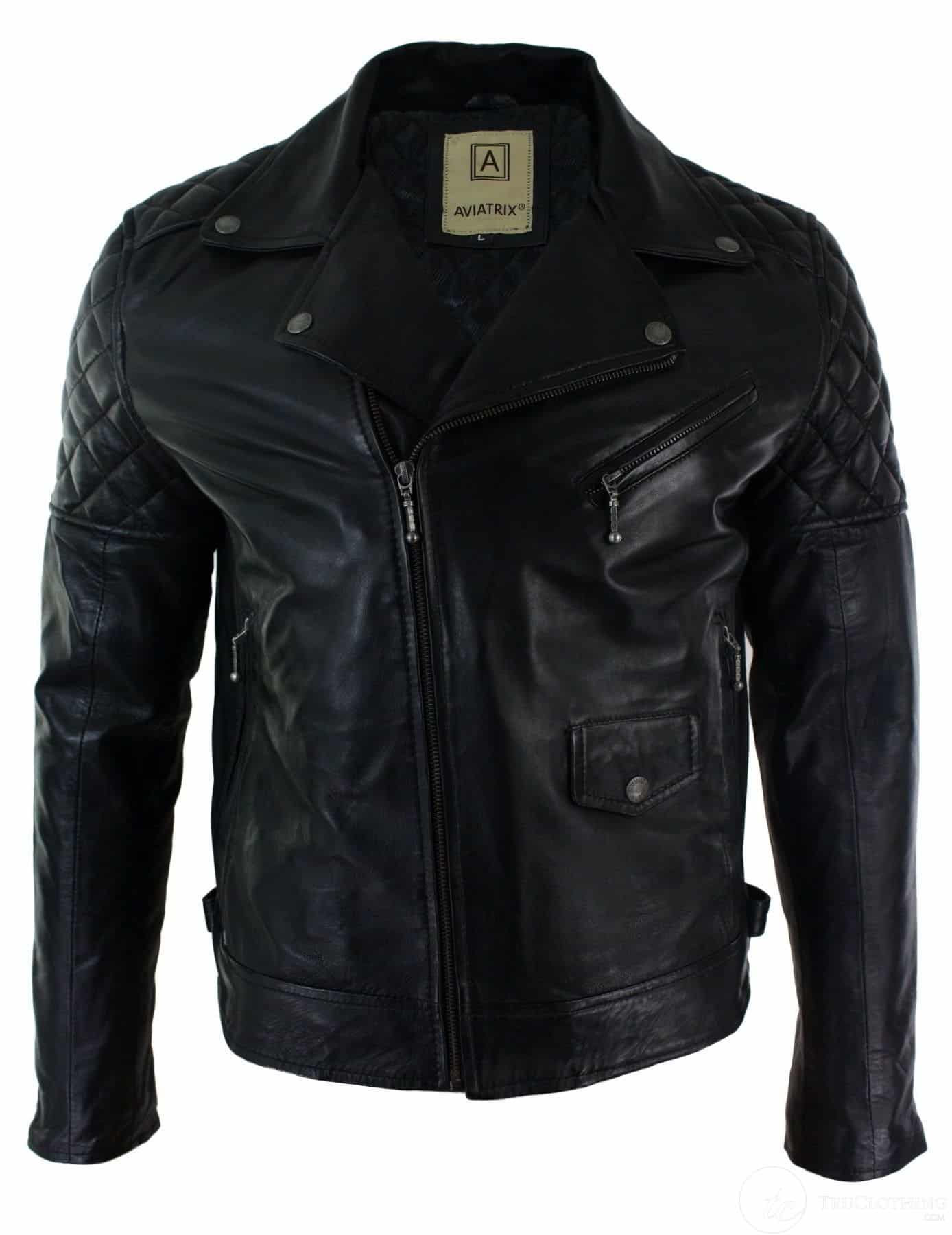 Real Leather Cross Zip Mens Biker Jacket Black Tailored Fit Retro ...