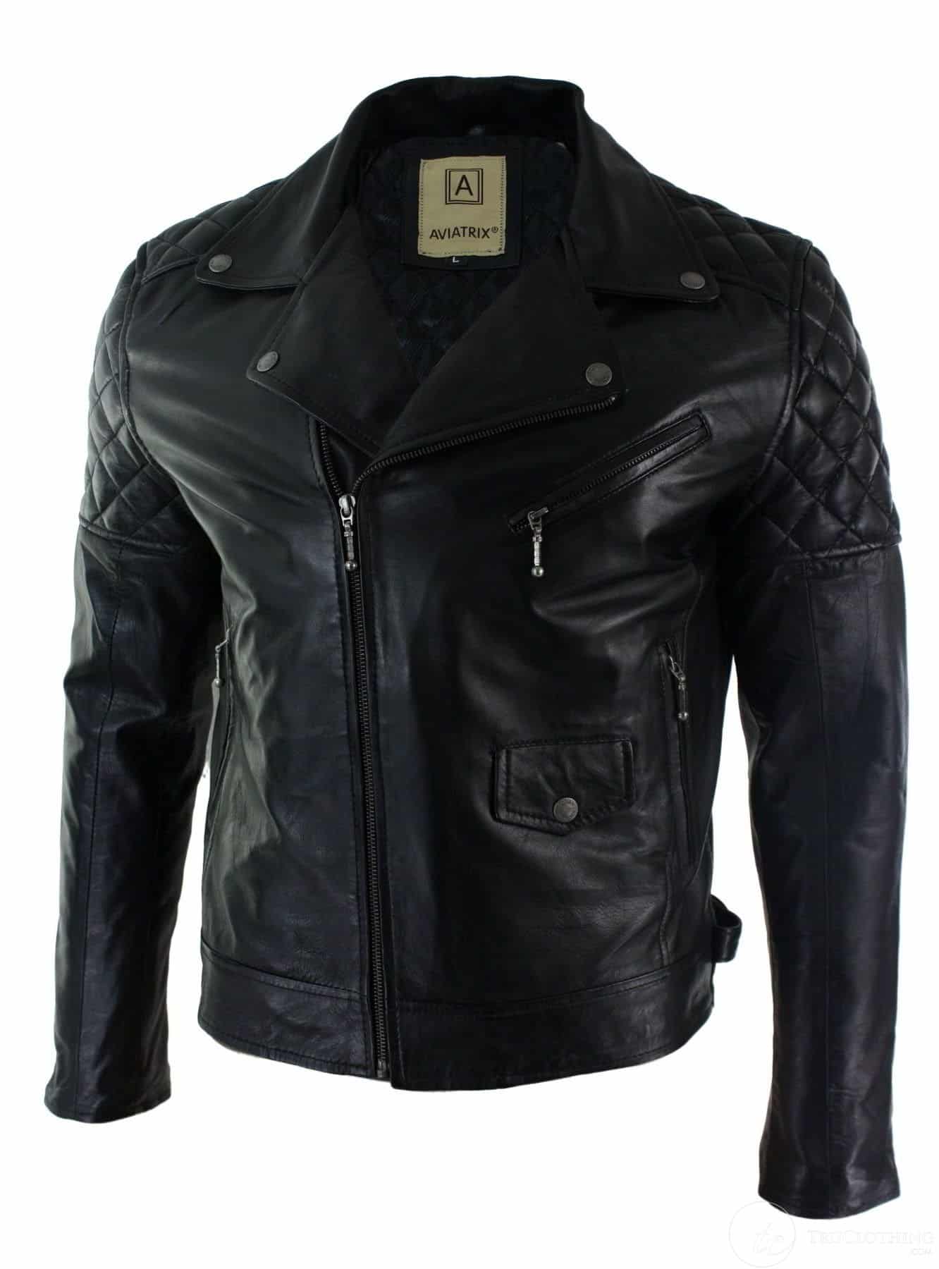 Real Leather Cross Zip Mens Biker Jacket Black Tailored Fit Retro ...