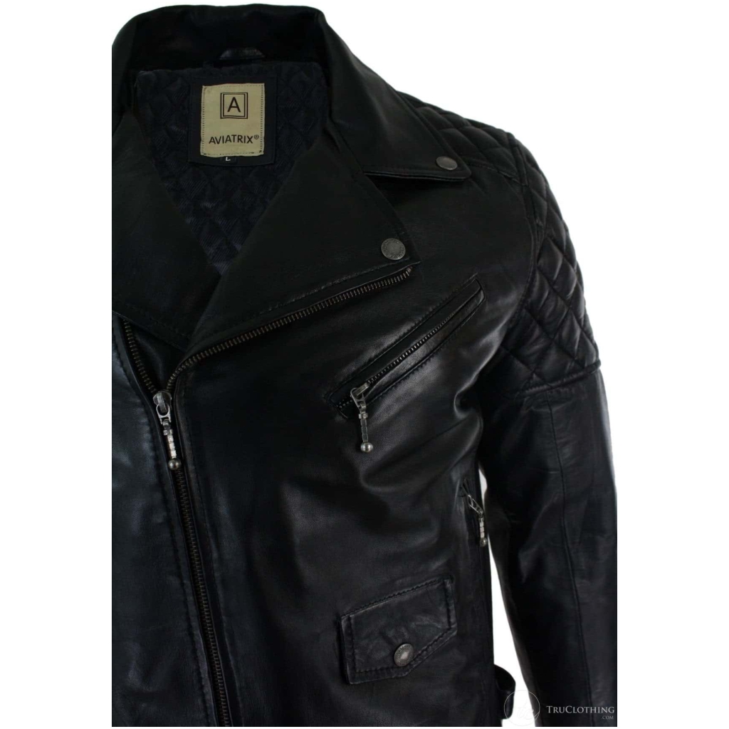 Real Leather Cross Zip Mens Biker Jacket Black Tailored Fit Retro ...