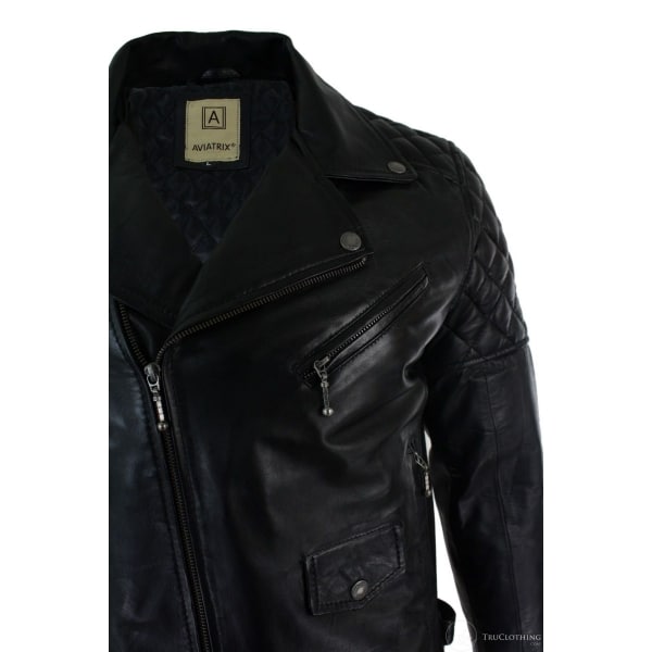 Real Leather Cross Zip Mens Biker Jacket Black Tailored Fit Retro Casual