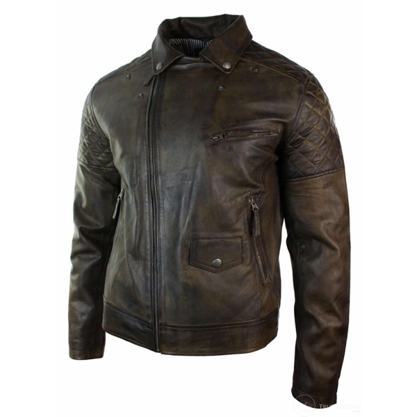 Real Leather Vintage Washed Brown Black Burgundy Blue Timber Mens Biker Jacket Cross Zip Retro Casual-Brown