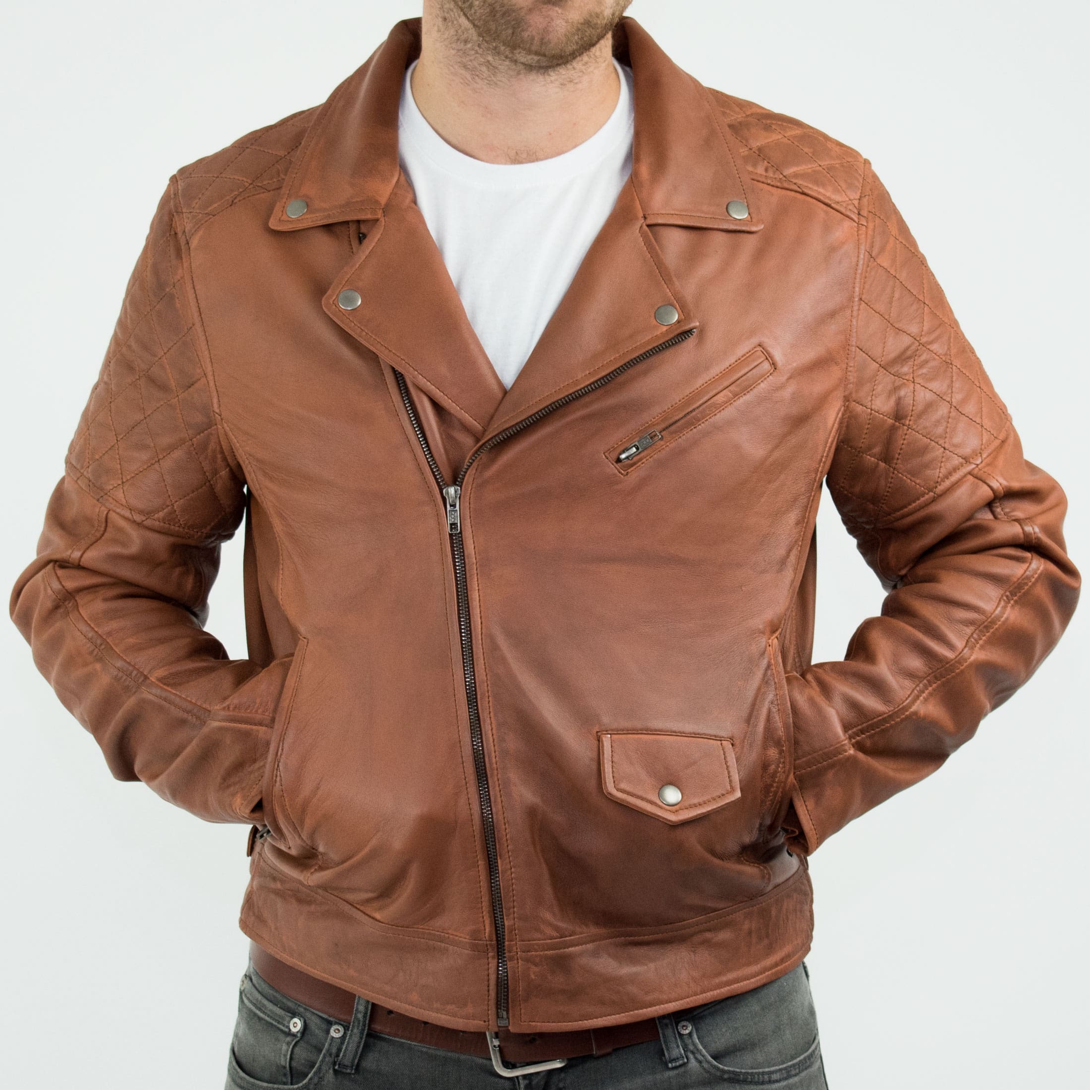 Aviatrix Mens Vintage Washed Tan Brown Real Leather Biker Jacket Cross Zip Retro Casual 