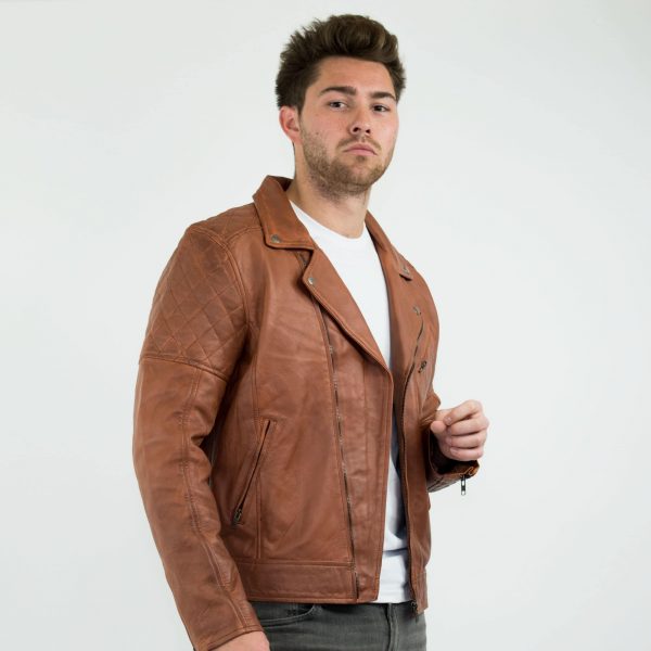 Real Leather Vintage Washed Brown Timber Mens Biker Jacket Cross Zip Retro Casual-Nevada Timber