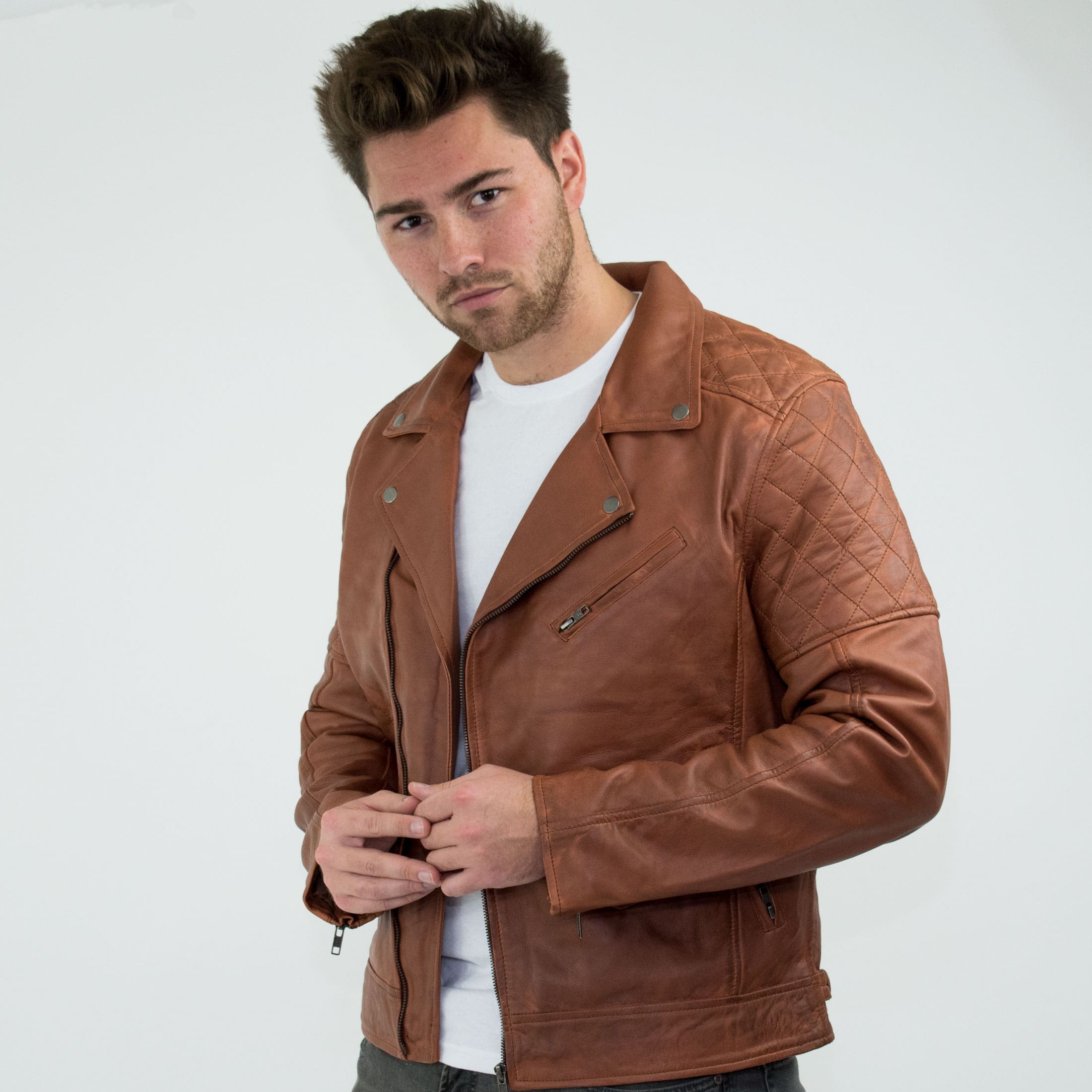 Mens Retro Style Zipped Biker Jacket Real Leather Washed Soft Tan Brown Casual 