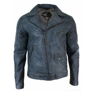 Real Leather Vintage Washed Biker Mens Jacket Cross Zip Retro Casual – Blue Colour