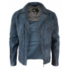 Real Leather Vintage Washed Biker Mens Jacket Cross Zip Retro Casual - Blue Colour