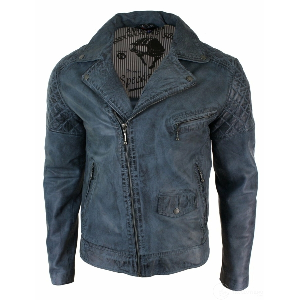 Real Leather Vintage Washed Biker Mens Jacket Cross Zip Retro Casual - Blue Colour