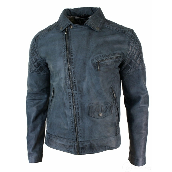 Echtes Leder Vintage Washed Biker Herren Jacke Cross Zip Retro Casual - blaue Farbe