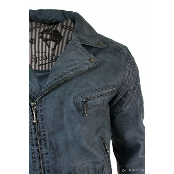 Real Leather Vintage Washed Biker Mens Jacket Cross Zip Retro Casual - Blue Colour