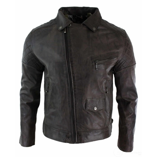 Real Leather Vintage Washed Brown Black Burgundy Blue Timber Biker Men's Jacket Cross Zip Retro Casual-Zulu Brown