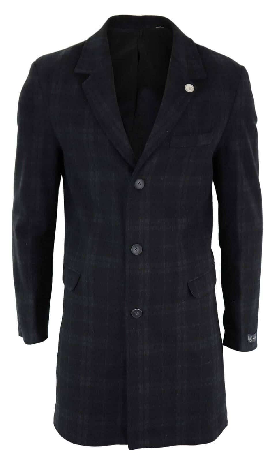 Men's 3/4 Crombie Wool Overcoat-Black | Happy Gentleman