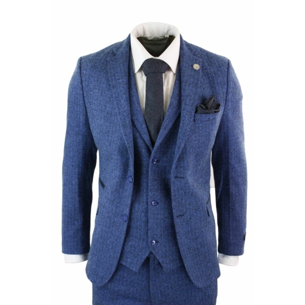 Men's Blue Herringbone 3 Piece Tweeed Suit - STZ11