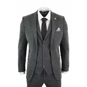 Anthrazitgrauer 3-teiliger Tweed-Anzug mit Fischgrätenmuster für Herren - STZ11