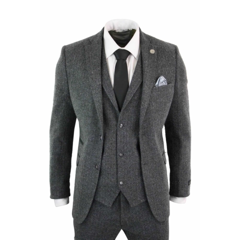 Men's Charcoal Grey 3 Piece Tweed Herringbone Suit - STZ11: Buy Online ...
