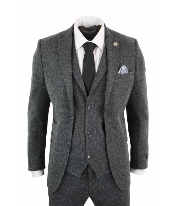 Men's Charcoal Grey 3 Piece Tweed Herringbone Suit - STZ11