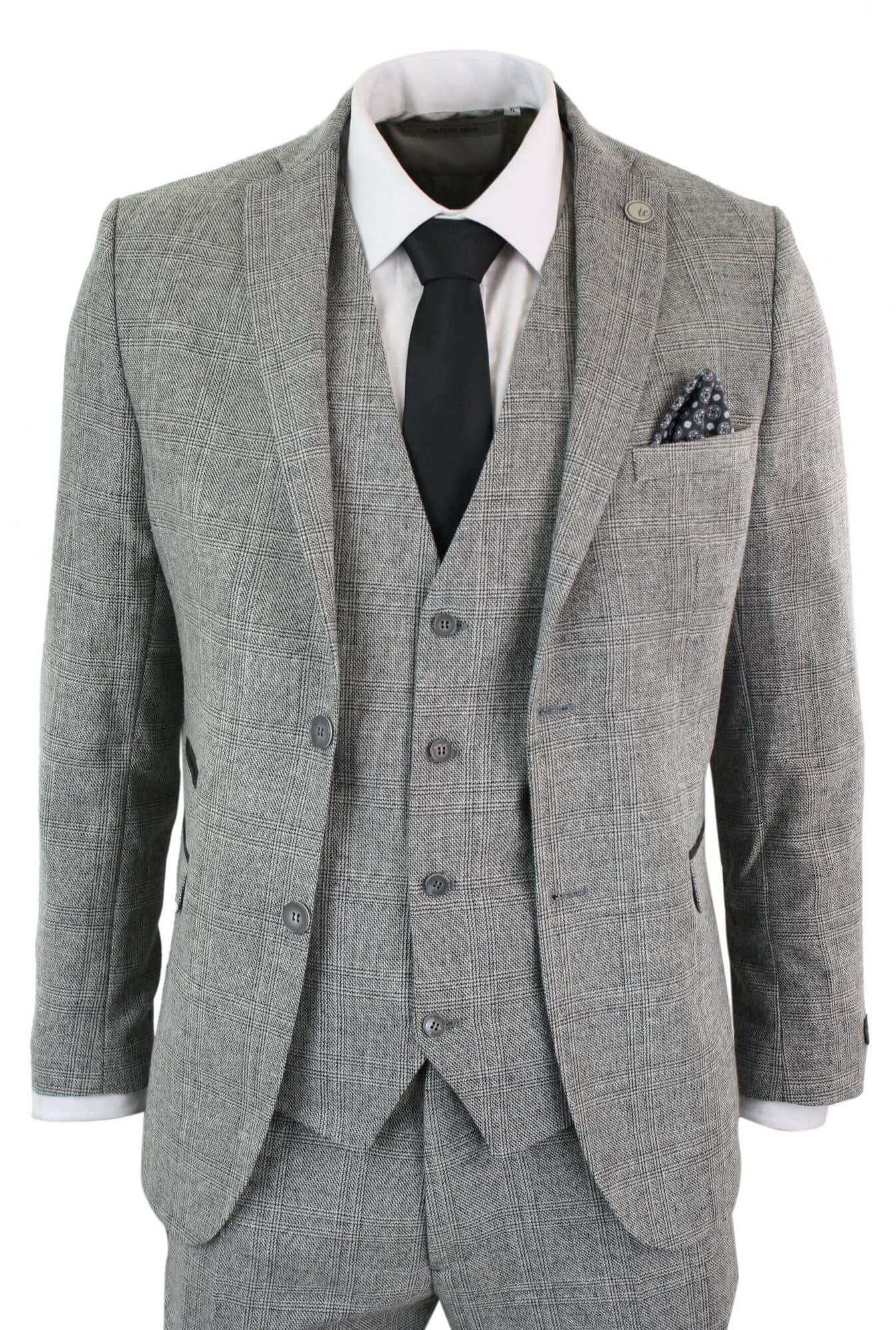 Men's Grey Check 3 Piece Tweed Prince of Wales Suit - STZ12 | Happy ...