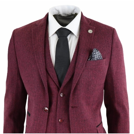 Men's Herringbone Wine Maroon 3 Piece Tweed Suit - STZ11: Buy Online ...