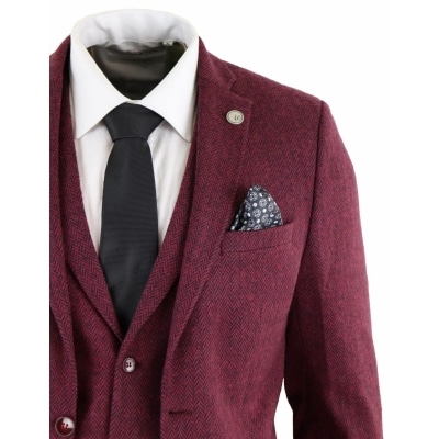 Men's Herringbone Wine Maroon 3 Piece Tweed Suit - STZ11: Buy Online ...