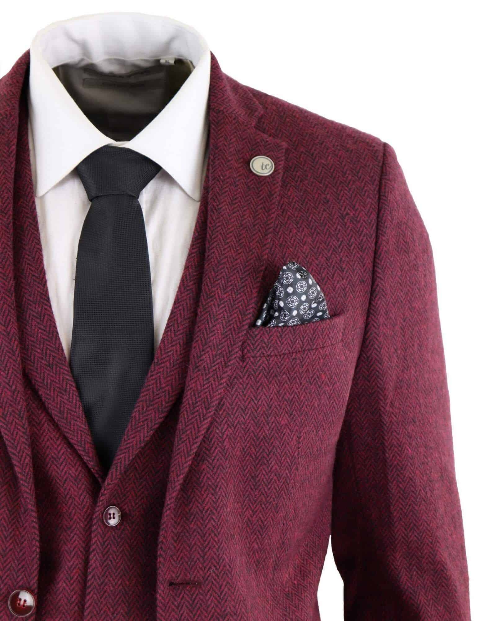 Men's Herringbone Wine Maroon 3 Piece Tweed Suit - STZ11: Buy Online -  Happy Gentleman