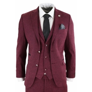 Men’s Herringbone Wine Maroon 3 Piece Tweed Suit – STZ11