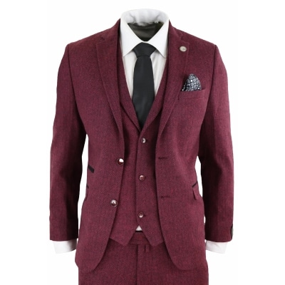 Men's Herringbone Wine Maroon 3 Piece Tweed Suit - STZ11