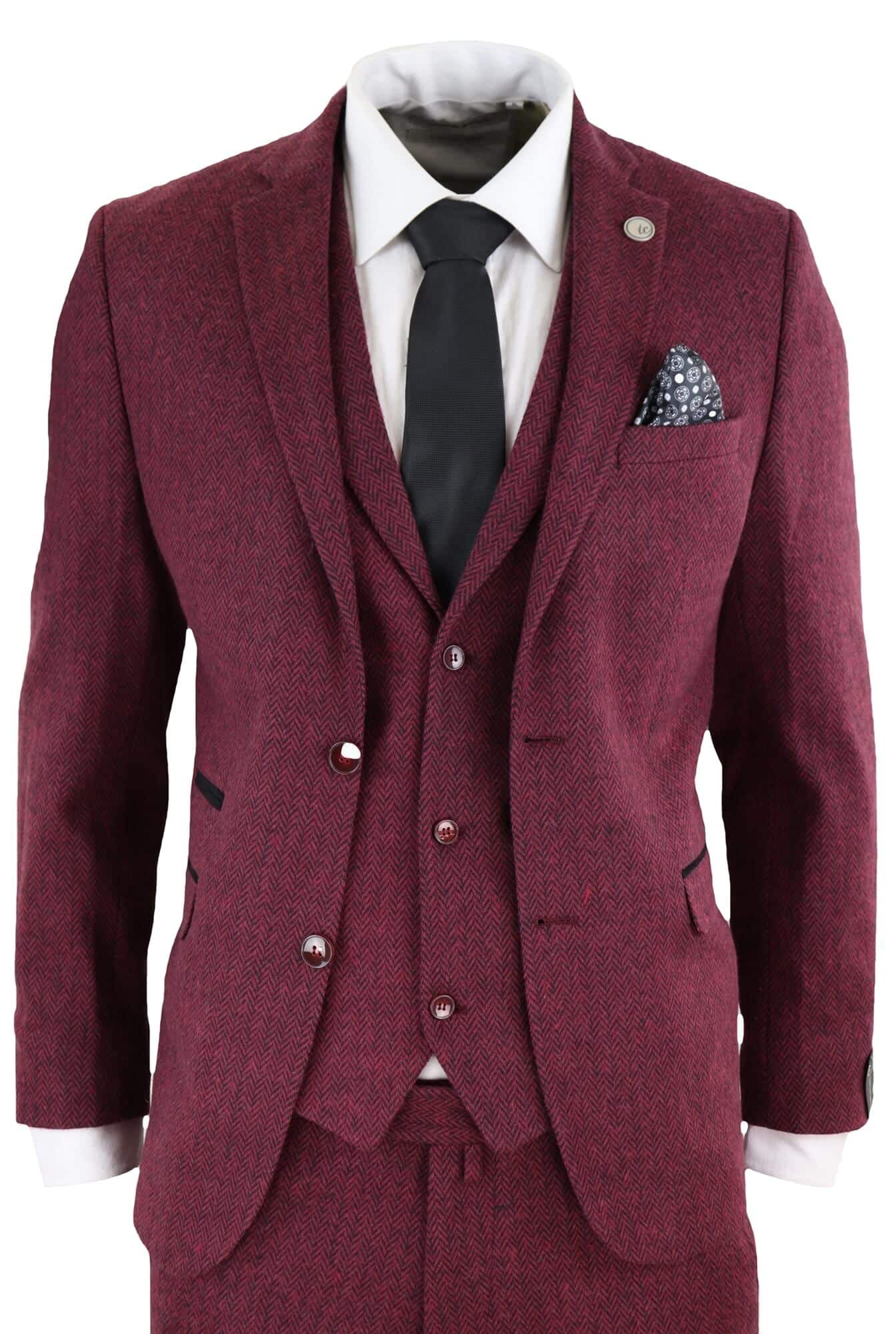 Men's Herringbone Wine Maroon 3 Piece Tweed Suit - STZ11