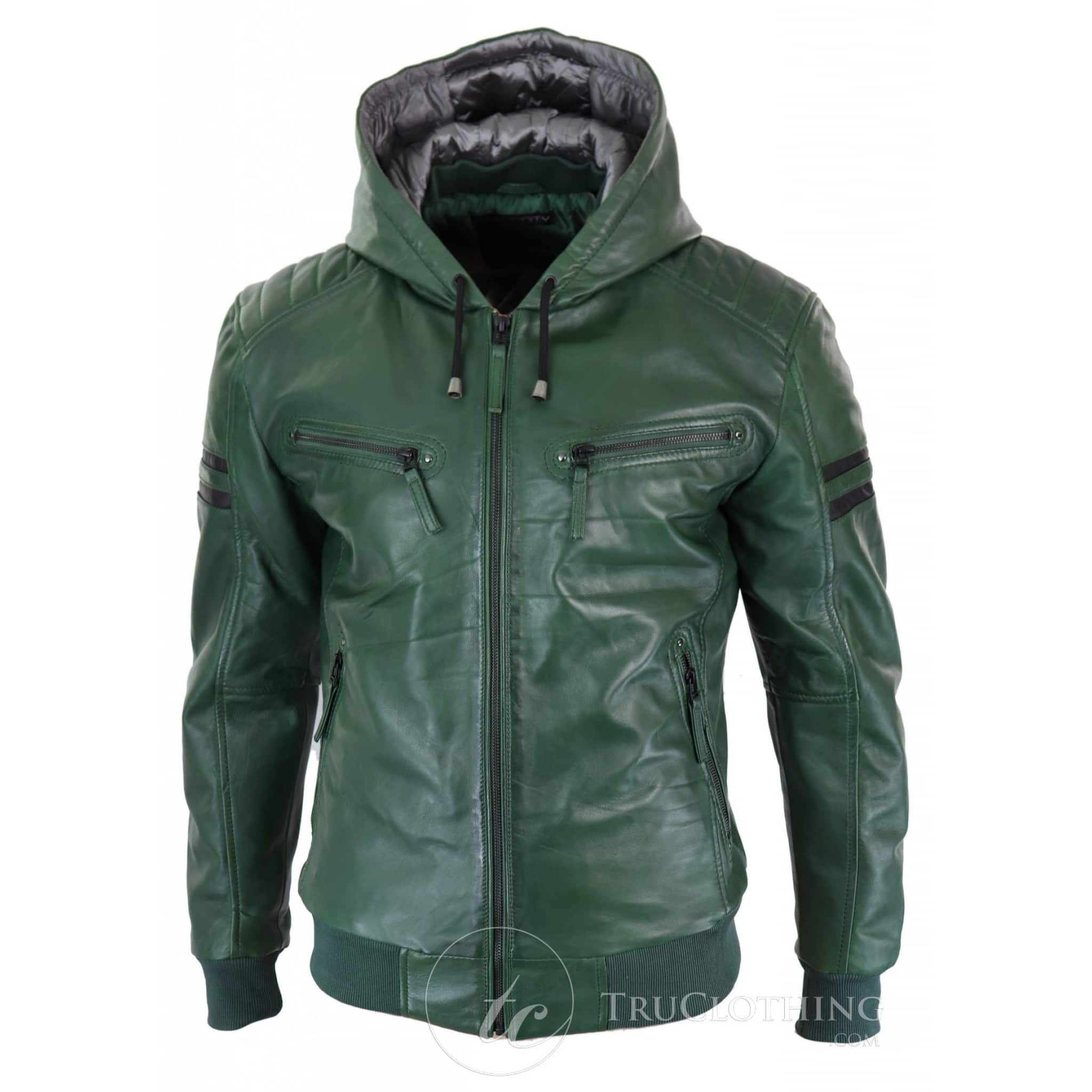 Mens Realy Leather Bomber Jacket With Hood Green Happy Gentleman 