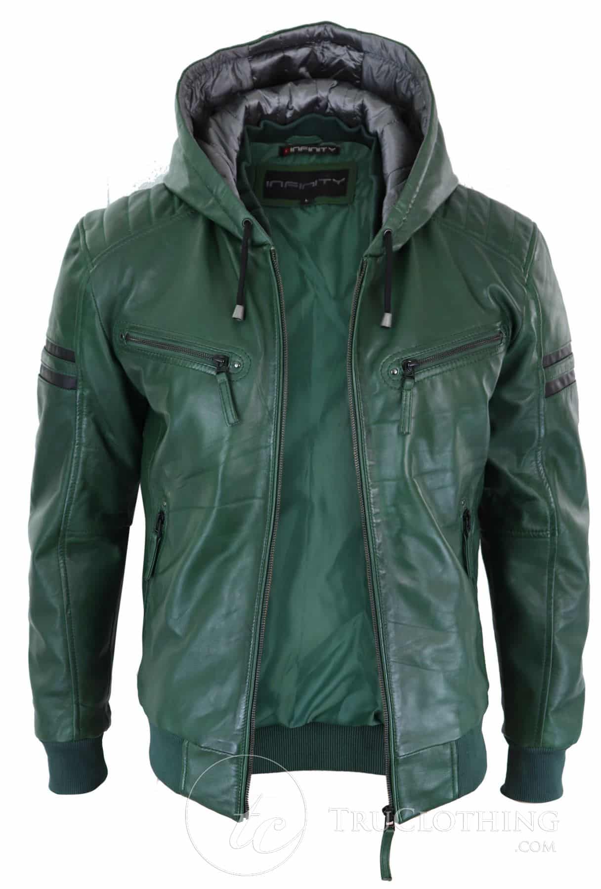 Men's Realy Leather Bomber Jacket with Hood-Green | Happy Gentleman
