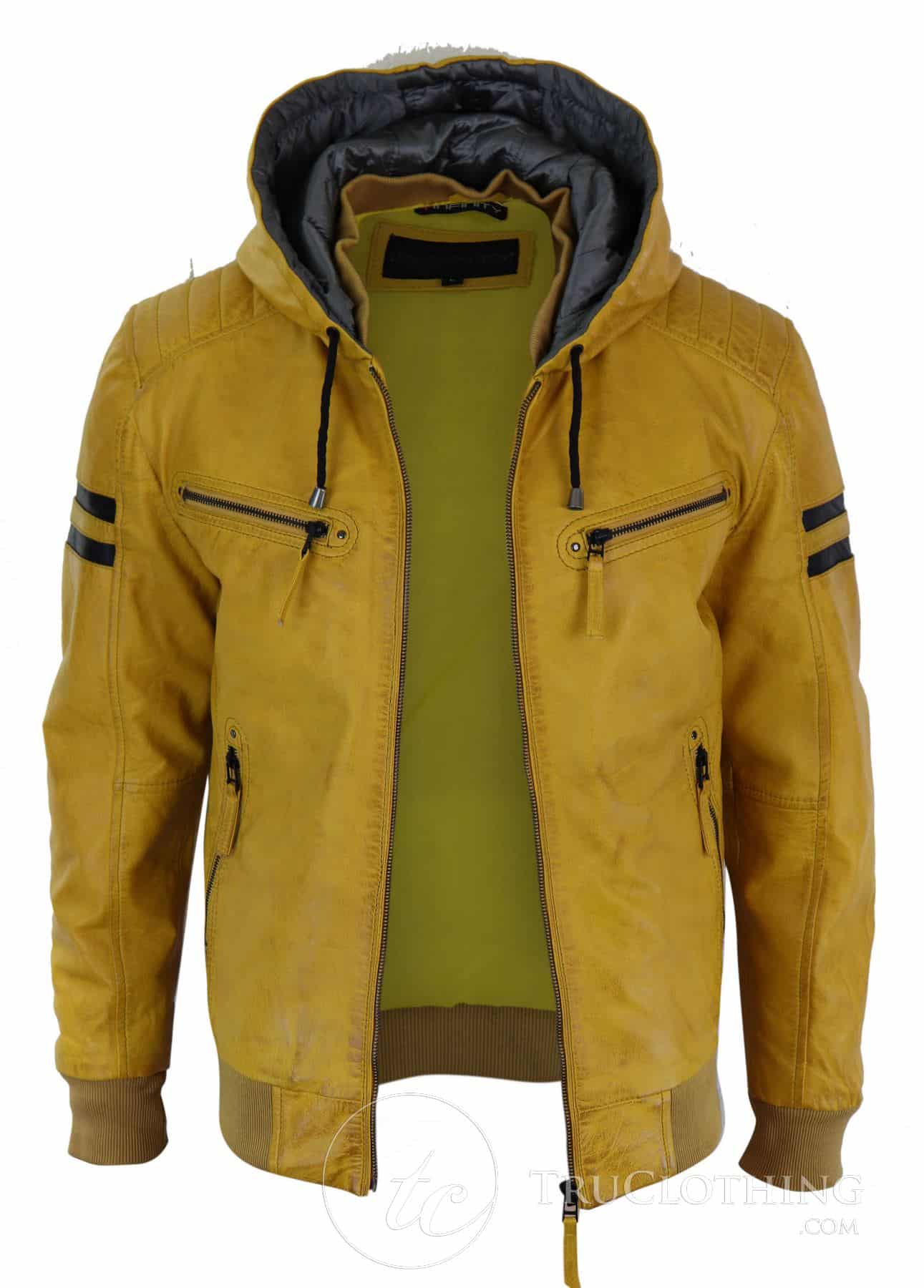 Men's Realy Leather Bomber Jacket with Hood-Yellow | Happy Gentleman