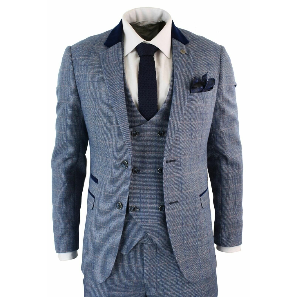 Mens 3 Piece Blue Check Suit - Marc Darcy Hilton: Buy Online - Happy ...